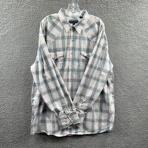 Roper Mens Western Shirt 2XL White Blue Plaid 100% Cotton Pearl Snap‎ Front